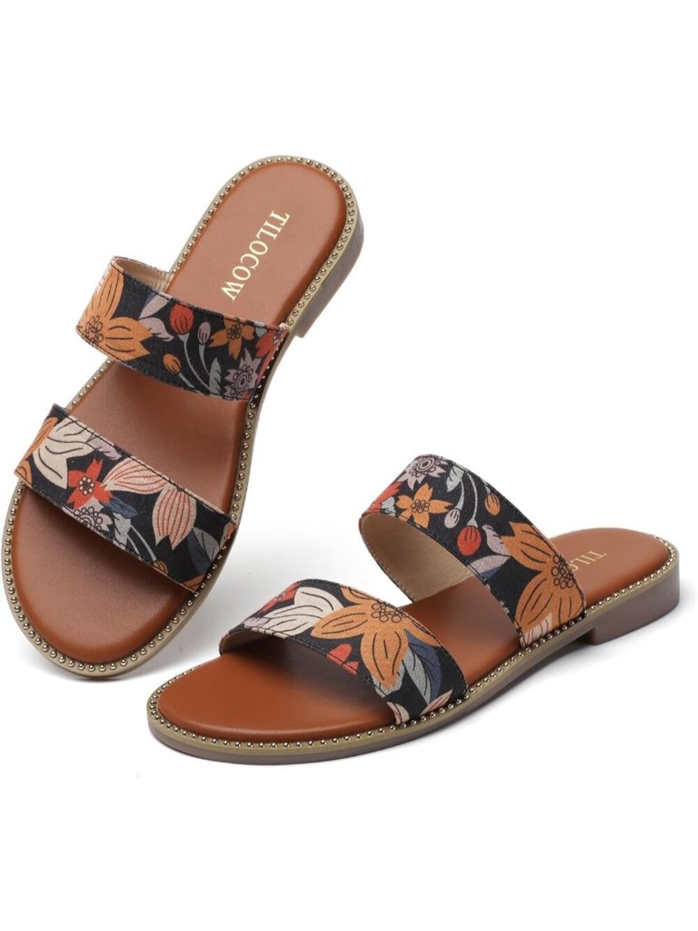 Women's Floral Lightweight Stylish Double Straps Rivet Trim Slides Flat Sandals